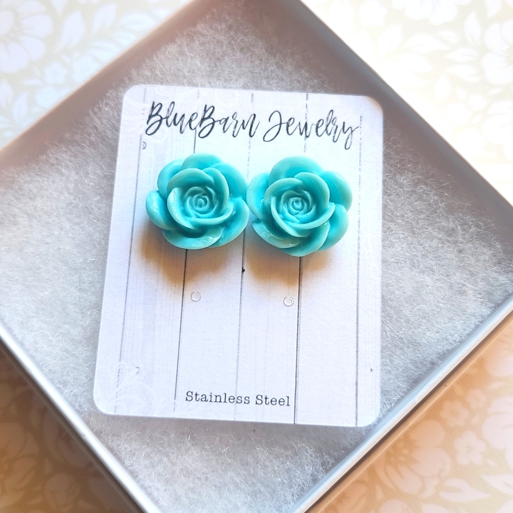Handmade Aqua Rose Stud Earrings